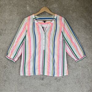 Talbots Shirt Womens Medium Petite Multicolor Striped 3/4 Sleeve Button- 3805